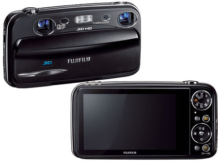 Fujifilm W3 - 3D foto-video camera. Front and rear view